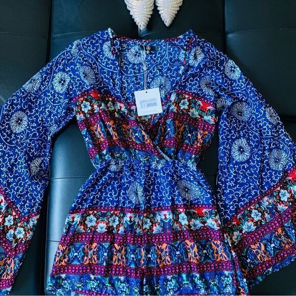 MISSGUIDED BLUE BOHO ROMPER - Picture 2 of 8